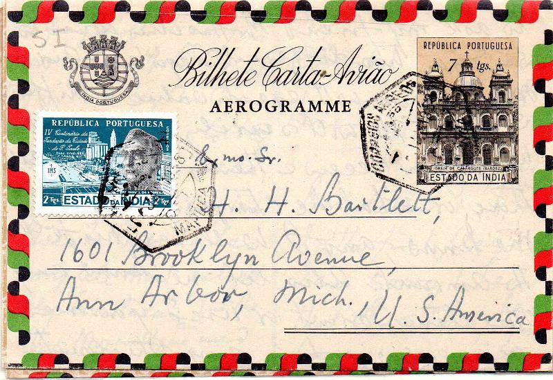 0471 f.jpg -     Lote:    471 (frente)                   Descrição:         1948 &mdash; Bilhete Carta * Avião. Igreja de Calengute / Bradez. OM4. Lote composto por inteiro circulado de Mapuça (01.10.58) para os EUA com selo adicional de 2/ CE437 + inteiro igual em estado de novo.        IC       Valor Base:     &euro; 15,00     Valor Venda:     &euro;      